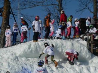 Line 'Em Up! Children Lining up to Ski Race