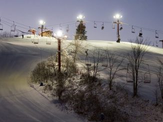 night skiing -- an image of a chair lift on lighted up ski resort at night in South Wisconsin