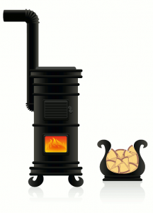 fireplace -- graphic of potbelly stove and firewood