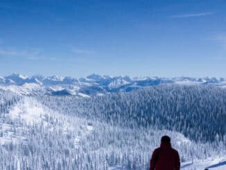 skiing for most of us -- photo of a snowboarder overlooking a mountain panorama